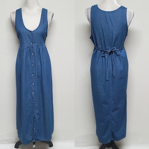 Vintage Dresses & Skirts - VINTAGE 1990s V-neck Pleated Tie-Waist Sleeveless Chambray Button Up Maxi Dress